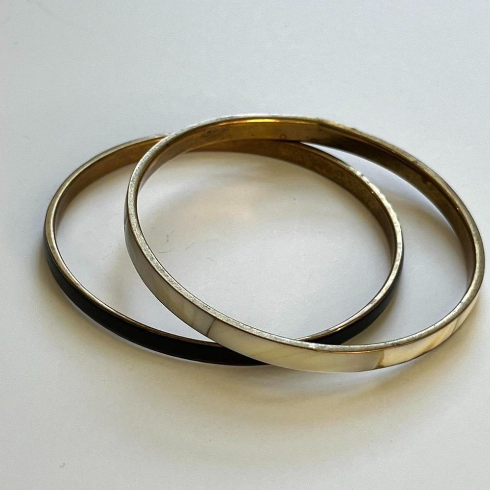 VTG Black Enamel and White Shell Bangles with Gold Trim